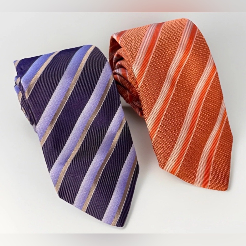 Hugo Boss Lot of 2 Ties Italian Necktie Striped Orange & Purple Repp Preppy